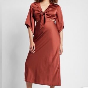 Express Rust Satin Tie-Front Midi Dress